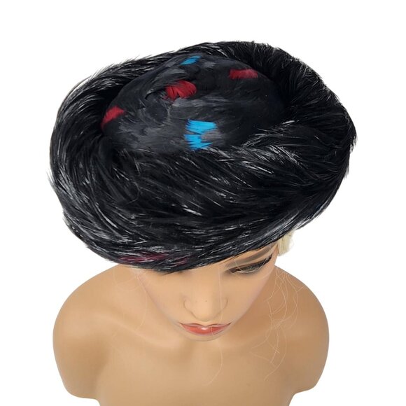 Vintage 1950s Black Feather Womens Pillbox Hat Red & Blue Accents Kentucky Derby - Picture 2 of 6